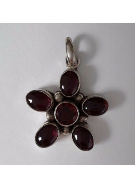 AGNES CREATIONS / PENDENTIF FLEUR VINTAGE ARGENT 925 ORNE AMETHYSTE & GRENAT