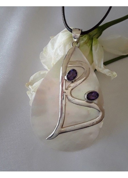 AGNES CREATIONS / PENDENTIF ART NOUVEAU1900 ARGENT 925 & NACRE ORNE AMETHYSTES