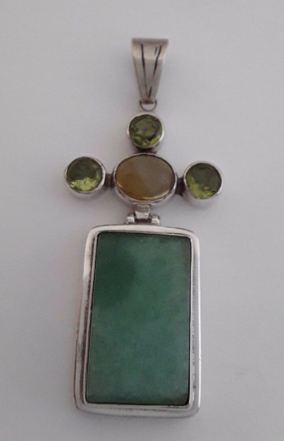 BEAU PENDENTIF ARGENT 925 ORNE CALCEDOINE / CITRINE & PERIDOTS