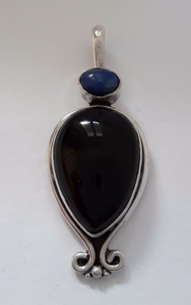 PENDENTIF EN ARGENT 925 VINTAGE ORNE ONYX & LAPIS LAZULI