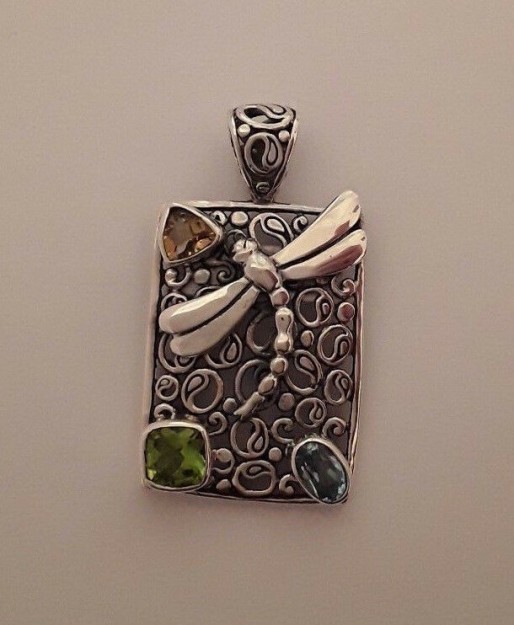 AGNES CREATIONS // BEAU PENDENTIF ARGENT LIBELLULE ORNE TOPAZE-CITRINE-PERIDOT