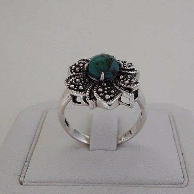 AGNES CREATIONS / BAGUE FEMME EN ARGENT 925 TURQUOISE & MARCASSITES TAILLE 59