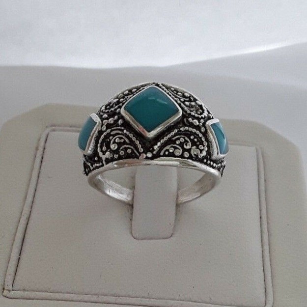 BELLE BAGUE EN ARGENT PLAQUE ORNEE DE TURQUOISE - TAILLE 54-55