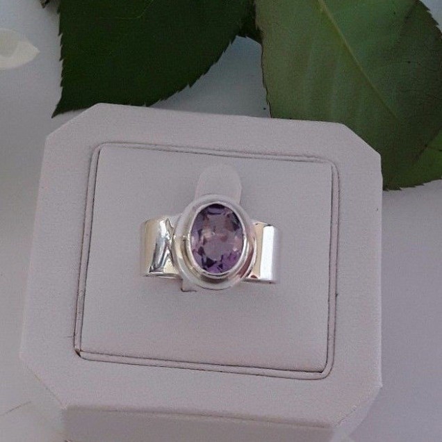 AGNES CREATIONS / BAGUE MODERNE FEMME EN ARGENT 925 ORNEE AMETHYSTE - TAILLE 53