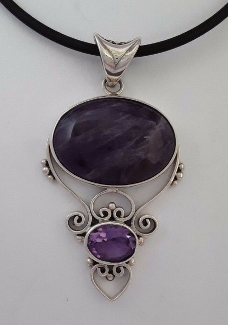 AGNES CREATIONS // SUPERBE PENDENTIF EN ARGENT 925 ORNE CHAROITE & AMETHYSTE 