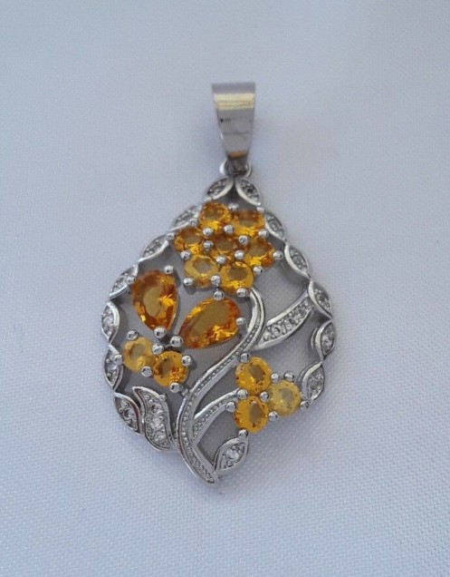  AGNES-CREATIONS / Elégant Pendentif orné Citrine Jaune Zirconium Argent 925