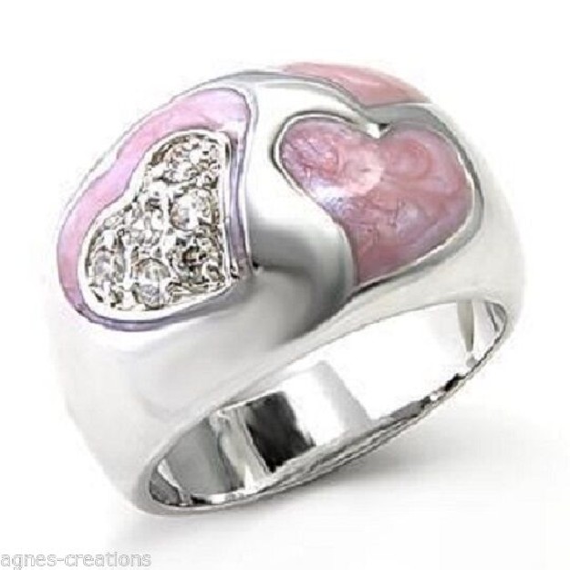 AGNES CREATIONS / BAGUE FEMME JONC EN RHODIUM COEURS NACRE ROSE TAILLE 50