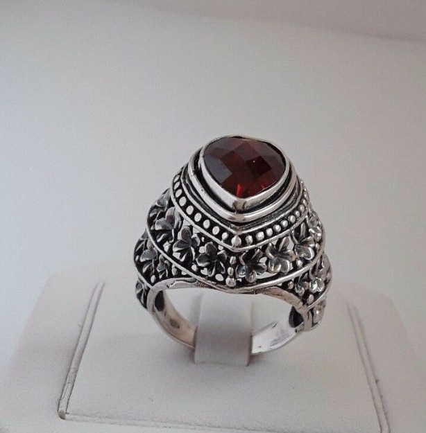 AGNES CREATIONS / SUBLIME GROSSE BAGUE FEMME ARGENT 925 ORNEE GRENAT TAILLE 54