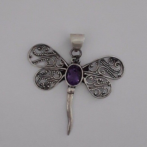 BEAU PENDENTIF EN ARGENT 925 LIBELLULE ORNE AMETHYSTE