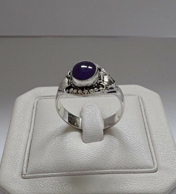 AGNES CREATIONS / BAGUE FEMME EN ARGENT 925 ORNEE CABOCHON VIOLET TAILLE 61