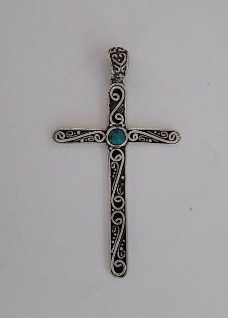 AGNES CREATIONS / PENDENTIF BELLE CROIX EN ARGENT MASSIF ORNE PETITE TURQUOISE 