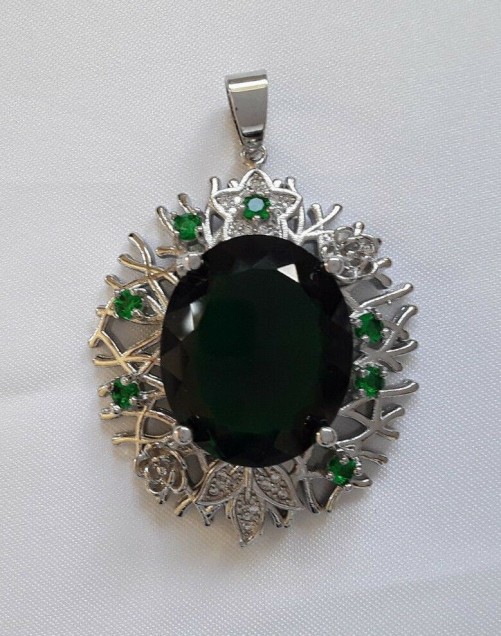  AGNES-CREATIONS / Grand Pendentif orné Emeraude verte & Zirconiums Argent 925