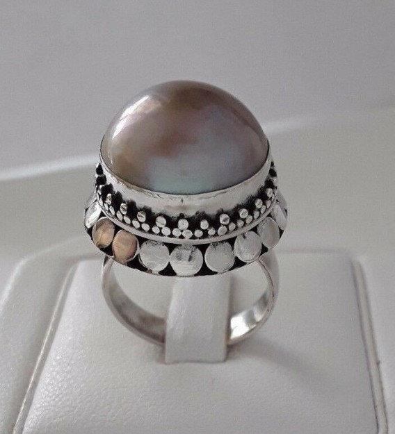 AGNES CREATIONS / SUBLIME BAGUE FEMME EN ARGENT 925 ORNEE PERLE GEANTE TAILLE 52