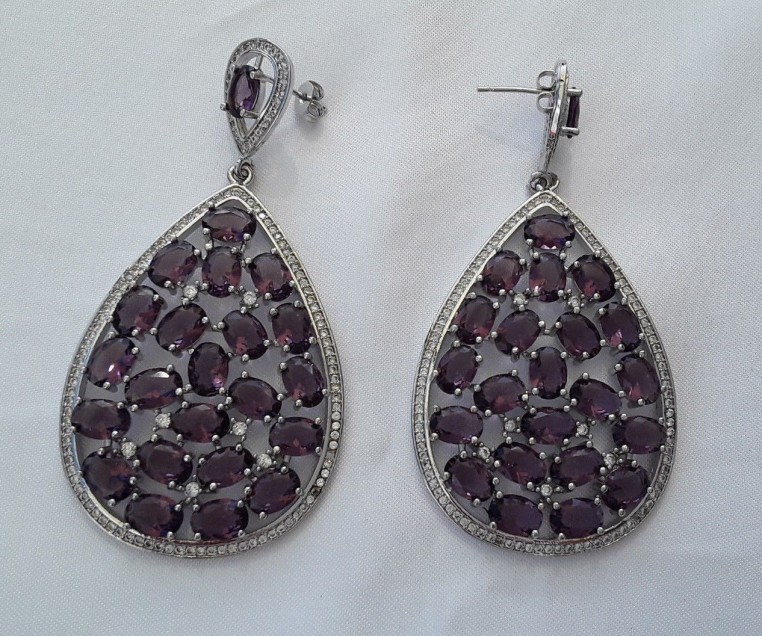  AGNES CREATIONS / JOLIE BOUCLE D OREILLE LONGUE AMETHYSTE BRILLANT ARGENT 925 