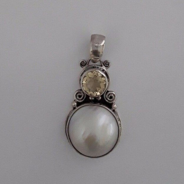 AGNES CREATIONS / BEAU PENDENTIF ARGENT 925 ORNE D'UNE PERLE & CITRINE