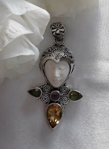 AGNES CREATIONS /PENDENTIF ARGENT 925 & OS SCULPTE & CITRINE AMETHYSTE PERIDOTS