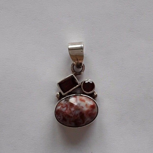 AGNES CREATIONS // BEAU PENDENTIF EN ARGENT 925 AGATE DE FEU & GRENATS 